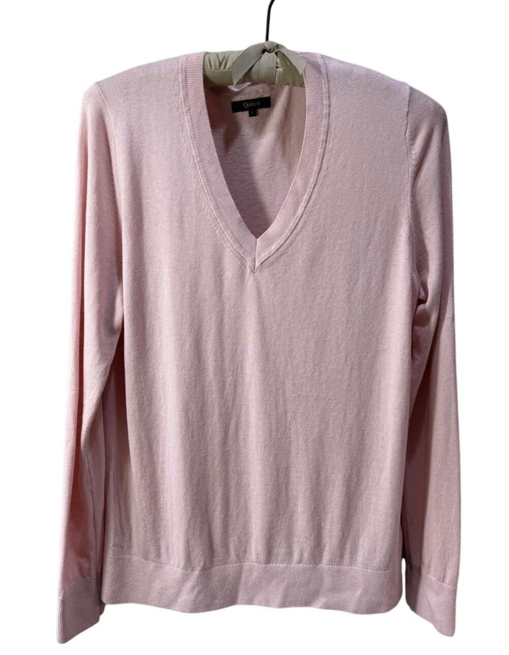 Quince Lightweight Cotton Cashmere V-Neck Pink Sweater Preppy Minimalist Size L